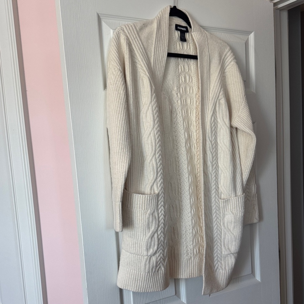 Express Ivory Cable Knit Open-Front Cardigan